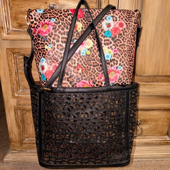 GUC~ 2/1 Laser Cut Out Black Shopper & Leopard Cross Body Bag-Purse-Tote (Bin 9) - Picture 5 of 11